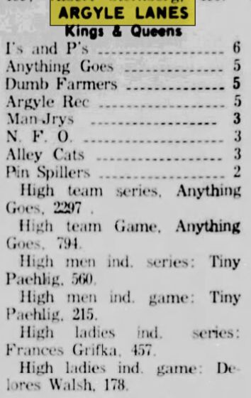 Argyle Lanes (Argyle Recreation) - Nov 1966 Article (newer photo)